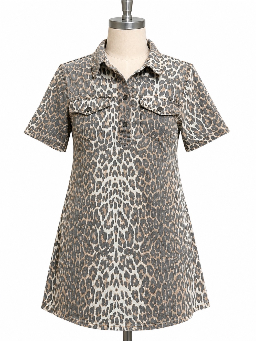 Leopard Print Short Sleeve Midi Dress - Taupe/Gray